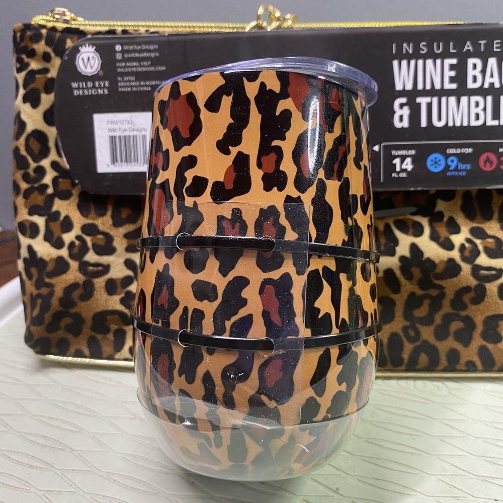 WILD EYE‎ DESIGNS LEOPARD  INSULATED WINE BAG W/MATCHING WINE CUP NWT - Picture 2 of 12